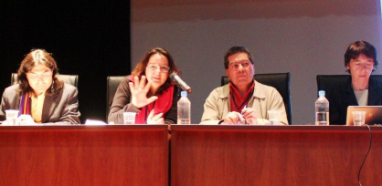 Gerardo Tapias, da Coordenadora Andina de OrganizaÃ§Ãµes IndÃ­genas; Rosane Bertotti (CUT e FNDC); Oswaldo LeÃ³n e Sally Burch, da ALAI